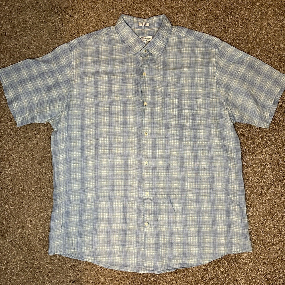 Peter Millar Linen Seaside Shirt XL Blue Plaid Button Up Short Sleeve Men Sz XL